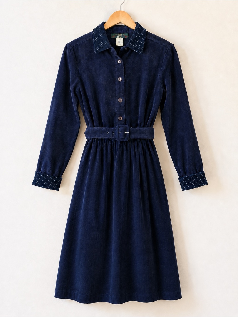Vintage Orvis Navy Corduroy Belted Midi Dress 8P Polka Dot Trim Made in USA